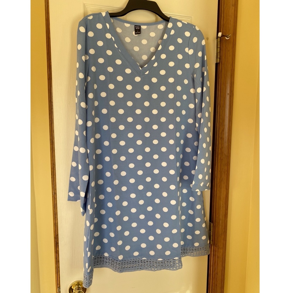 Blue long sleeve dress/sleep dress with white polka dots